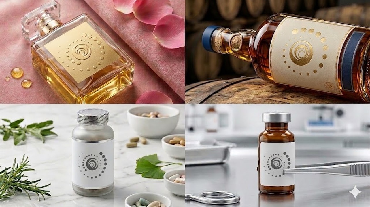 Collage of labeled perfume, liquor, supplement bottles