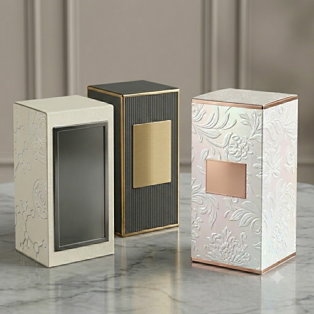 Three luxury embossed packaging boxes with metal labels