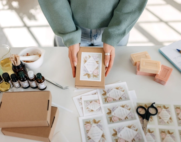 Hands holding floral-labeled gift box on workspace