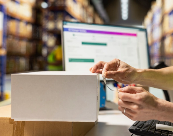 Worker sealing shipping box in warehouse