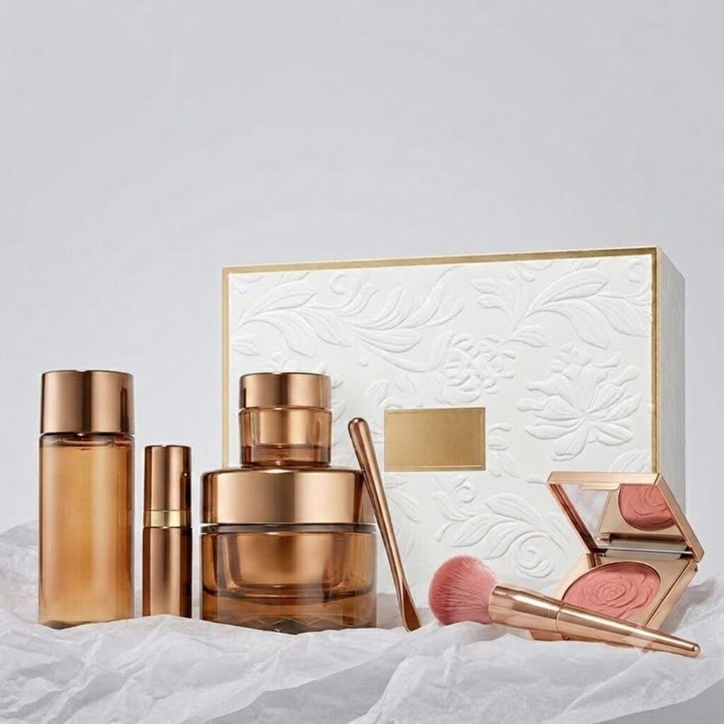 Rose-gold luxury skincare and makeup set