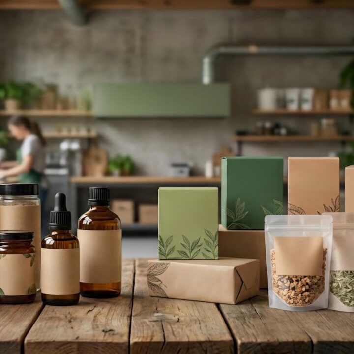 Organic product packaging display in modern kitchen